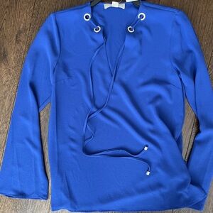 Michael Kors Elegant Blue Women's Embellished Rhinestone Grommet Tie Neck Top XL